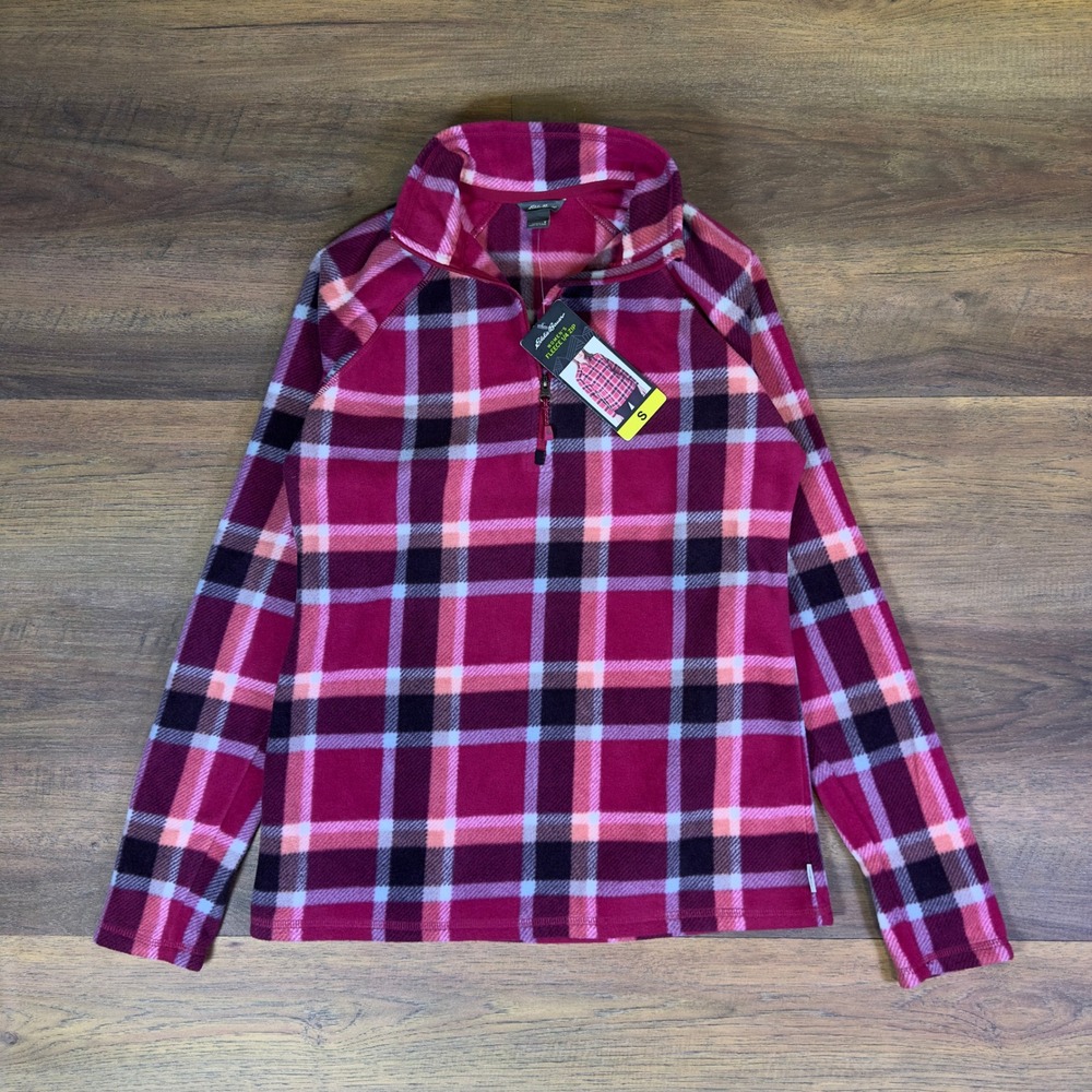 Eddie Bauer Womens Pink Plaid Quarter Zip Fleece Pullover Sweater Small NEW